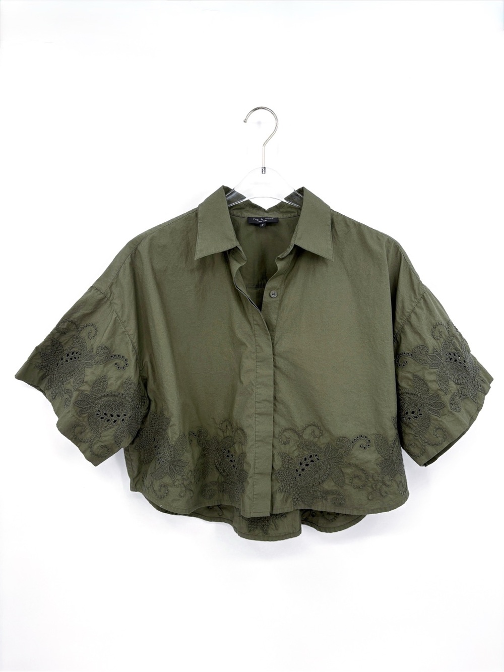 RAG & BONE Marin Embroidered Eyelet Crop Blouse Olive Green S - Picture 4 of 9
